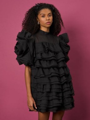 sister jane DREAM Mariah Ruffle Mini Dress Black Ink – layered occasion dresses – ruffled LBD – feminine party fashion - flipped
