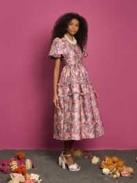 sister jane DREAM CORALS IN BLOOM Nerissa Jacquard Midi Dress Blush Pink – metallic floral puff sleeve party dresses