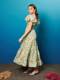 sister jane CORALS IN BLOOM Pompano Jacquard Midi Dress in Sage Green – floral puff sleeve tiered hem dresses – romantic style fashion