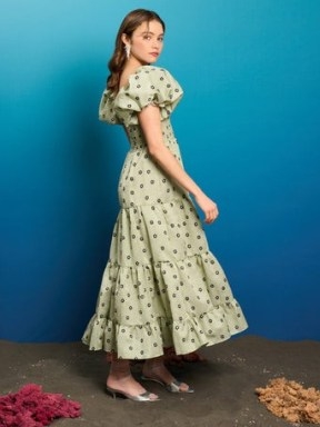 sister jane CORALS IN BLOOM Pompano Jacquard Midi Dress in Sage Green – floral puff sleeve tiered hem dresses – romantic style fashion - flipped