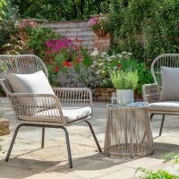 Elland 2 Seater Bistro Set ~ Mediterranean style garden furniture ~ chic outdoor chair and table sets ~ stylish patio seating ~ two steel and weave weatherproof chairs and one small matching table