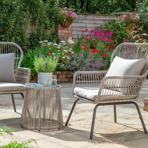 Elland 2 Seater Bistro Set ~ Mediterranean style garden furniture ~ chic outdoor chair and table sets ~ stylish patio seating ~ two steel and weave weatherproof chairs and one small matching table - flipped