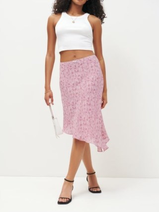 Reformation Elle Skirt in Baby’s Breath ~ pink asymmetric ditsy floral print slip skirts - flipped