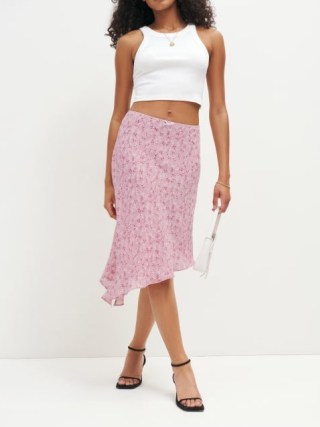 Reformation Elle Skirt in Baby’s Breath ~ pink asymmetric ditsy floral print slip skirts
