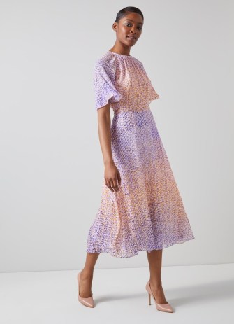 L.K. BENNETT Elowen Purple and Peach Animal Print Midi Dress – short cape sleeve summer occasion dresses – floaty event clothes – feminine wedding guest clothing – lined sheer georgette fabric clothes