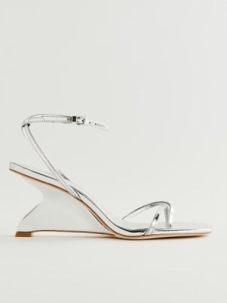 Reformation Emilia Wedge Sandal in Mirror Metallic ~ strappy silver mirrored wedges ~ luxury wedged heels ~ luxe ankle strap sandals ~ sculpted heel ~ square toe ~ women’s shoes - flipped
