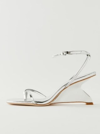 Reformation Emilia Wedge Sandal in Mirror Metallic ~ strappy silver mirrored wedges ~ luxury wedged heels ~ luxe ankle strap sandals ~ sculpted heel ~ square toe ~ women’s shoes