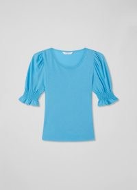 L.K. BENNETT Emily Blue Modal-Cotton Shirred Sleeve Top – puff sleeve scoop neck tops