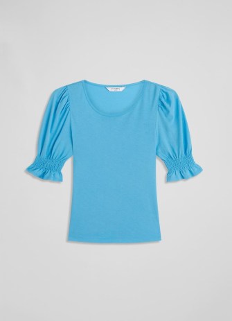 L.K. BENNETT Emily Blue Modal-Cotton Shirred Sleeve Top – puff sleeve scoop neck tops - flipped