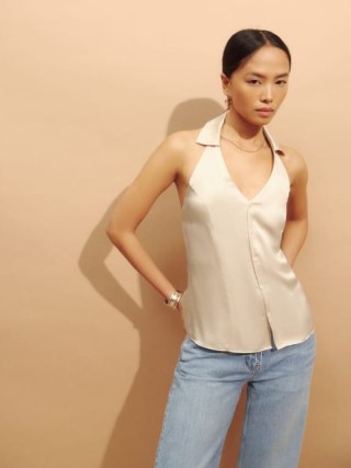 Reformation Erin Silk Top in Almond / silky collared halter tops / luxe halterneck fashion - flipped