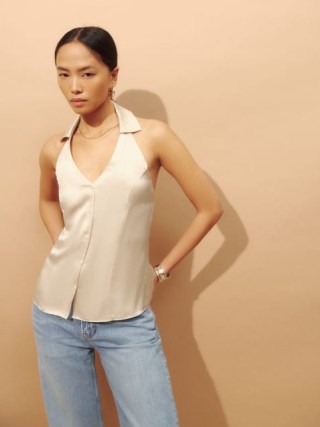 Reformation Erin Silk Top in Almond / silky collared halter tops / luxe halterneck fashion