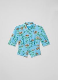 L.K. BENNETT Esme Blue Valerian Floral Print Top – turquoise vintage style tops – peplum hem blouse – retro inspired blouses