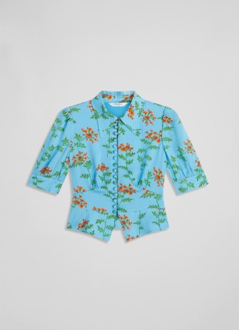 L.K. BENNETT Esme Blue Valerian Floral Print Top – turquoise vintage style tops – peplum hem blouse – retro inspired blouses - flipped