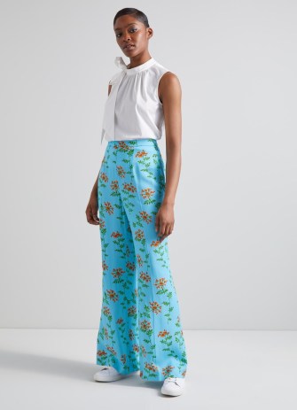 L.K. BENNETT Esme Blue Valerian Floral Print Trousers – women’s turquoise flower printed pants – luxury retro style clothing - flipped