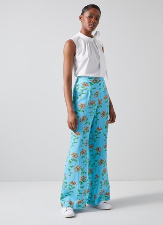 L.K. BENNETT Esme Blue Valerian Floral Print Trousers – women’s turquoise flower printed pants – luxury retro style clothing