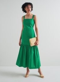 L.K. BENNETT Essie Green Cotton Dress – sleeveless tiered hem midi dresses – summer occasion clothes