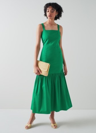 L.K. BENNETT Essie Green Cotton Dress – sleeveless tiered hem midi dresses – summer occasion clothes - flipped