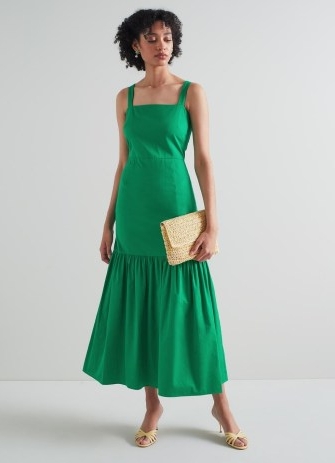L.K. BENNETT Essie Green Cotton Dress – sleeveless tiered hem midi dresses – summer occasion clothes