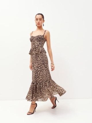Reformation Felda Dress in Leo ~ brown animal print shoulder strap occasion dresses ~ evening event fashion with glamorous leopard prints ~ feminine lightweight georgette fabric clothing ~ sweetheart neckline - flipped
