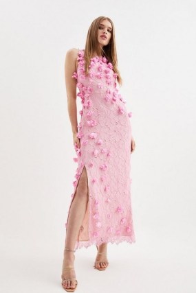 KAREN MILLEN Floral Applique On Lace Woven Midi Dress in Pink ~ sleeveless flower embellished occasion dresses ~ summer event clothing ~ romantic evening clothes ~ feminine party fashion - flipped