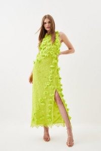 KAREN MILLEN Floral Applique On Lace Woven Midi Dress in Lime / fresh citrus coloured summer event clothes / women’s green sleeveless occasion dresses with a split hemline