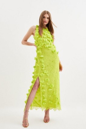 KAREN MILLEN Floral Applique On Lace Woven Midi Dress in Lime / fresh citrus coloured summer event clothes / women’s green sleeveless occasion dresses with a split hemline - flipped