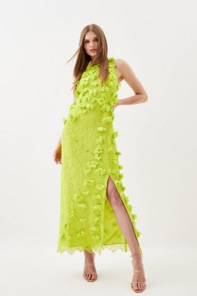 KAREN MILLEN Floral Applique On Lace Woven Midi Dress in Lime / fresh citrus coloured summer event clothes / women’s green sleeveless occasion dresses with a split hemline