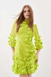 KAREN MILLEN Floral Applique On Lace Woven Mini in Lime ~ citrus green flower covered dresses ~ romance inspired party fashion ~ feminine occasionwear ~ romantic occasion clothes