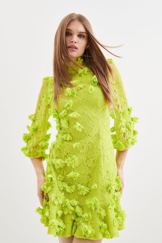 KAREN MILLEN Floral Applique On Lace Woven Mini in Lime ~ citrus green flower covered dresses ~ romance inspired party fashion ~ feminine occasionwear ~ romantic occasion clothes - flipped