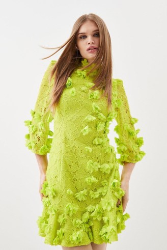 KAREN MILLEN Floral Applique On Lace Woven Mini in Lime ~ citrus green flower covered dresses ~ romance inspired party fashion ~ feminine occasionwear ~ romantic occasion clothes