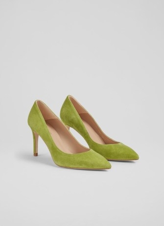 L.K. BENNETT Floret Apple Green Suede Pointed Toe Courts – women’s court shoes - flipped