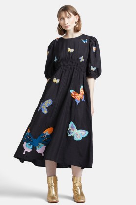 gorman Flutter Sparkle Dress – butterfly embellished midi smock dresses – balloon sleeve relaxed fit fashion – women’s clothes with embroidered butterflies - flipped