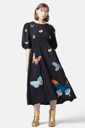 gorman Flutter Sparkle Dress – butterfly embellished midi smock dresses – balloon sleeve relaxed fit fashion – women’s clothes with embroidered butterflies