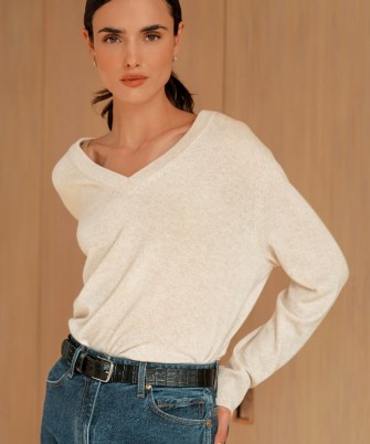 JENNI KAYNE Flynn Cashmere Sweater in Oatmeal | women’s luxury V-neck sweaters | luxe drop shoulder jumpers | neutral knits - flipped