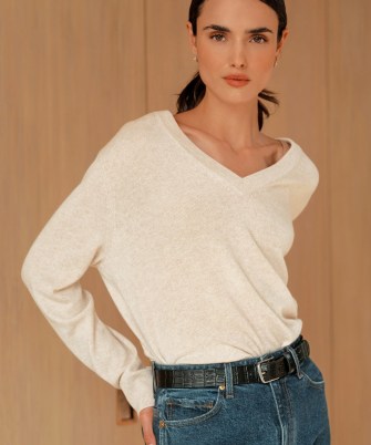 JENNI KAYNE Flynn Cashmere Sweater in Oatmeal | women’s luxury V-neck sweaters | luxe drop shoulder jumpers | neutral knits
