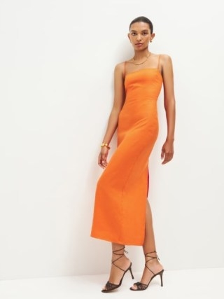 Reformation Frankie Linen Dress in Citrus / strappy orange dresses / chic summer occasionwear - flipped