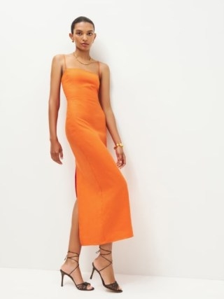 Reformation Frankie Linen Dress in Citrus / strappy orange dresses / chic summer occasionwear