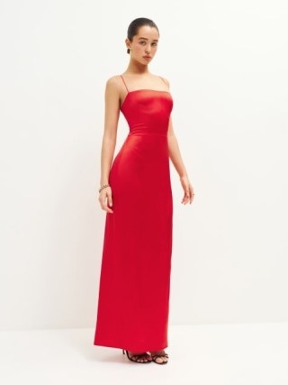 Reformation Frankie Silk Dress in Tango / strappy red maxi dresses / fitted occasionwear / silky occasion fashion / skinny shoulder strap event clothes - flipped