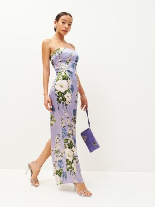 Reformation Frankie Silk Dress in Garden Soiree / strappy silky floral occasion maxi dresses - flipped