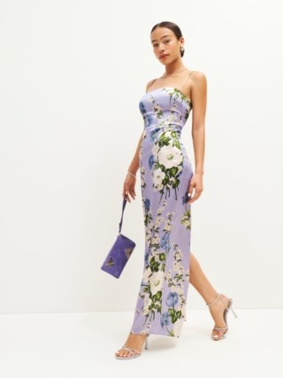 Reformation Frankie Silk Dress in Garden Soiree / strappy silky floral occasion maxi dresses