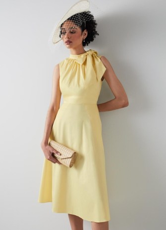 L.K. BENNETT Freud Yellow Cotton Tie Neck Dress – women’s chic vintage style occasion clothes – sleeveless summer event dresses – wedding guest clothing
