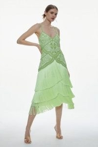 KAREM MILLEN Fringe And Beaded Cami Strap Midi Dress in Lime ~ green strappy occasion dresses ~ fringed evening event clothing