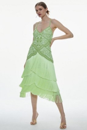 KAREM MILLEN Fringe And Beaded Cami Strap Midi Dress in Lime ~ green strappy occasion dresses ~ fringed evening event clothing - flipped