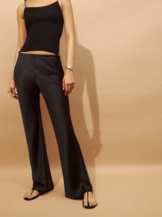 Reformation Gale Satin Mid Rise Bias Pant in Black / women’s silky flared trousers / luxe flares - flipped