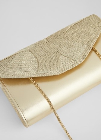 L.K. BENNETT Giana Gold Leather and Rope Clutch Bag – glamorous metallic occasion bags – luxe summer event handbag – luxury chain shoulder strap evening handbags - flipped