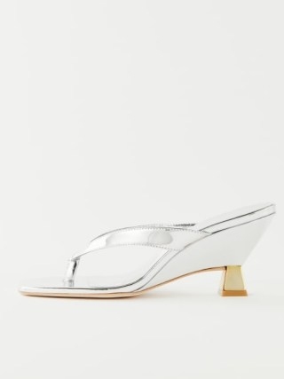Reformation Gisele Thong Sandal in Mirror Metallic / silver wedged heels / luxe thonged sandals