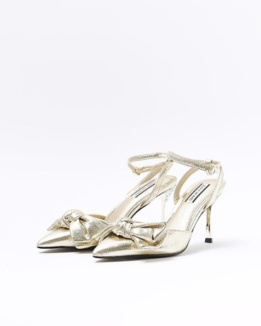 RIVER ISLAND GOLD BOW HEELED COURT SHOES – metallic embellished heel courts – ankle strap party pumps – glamorous going out evening footwear – pointed toe