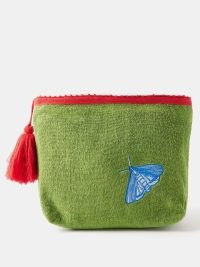 KILOMETRE PARIS Butterfly-embroidered cotton-terry pouch | large green summer pouches | tasseled soft fabric clutch bag | holiday poolside bags | vacation handbags