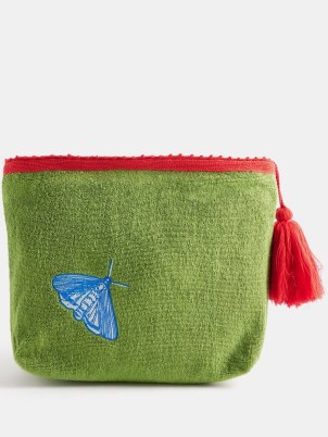 KILOMETRE PARIS Butterfly-embroidered cotton-terry pouch | large green summer pouches | tasseled soft fabric clutch bag | holiday poolside bags | vacation handbags - flipped