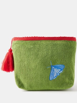 KILOMETRE PARIS Butterfly-embroidered cotton-terry pouch | large green summer pouches | tasseled soft fabric clutch bag | holiday poolside bags | vacation handbags